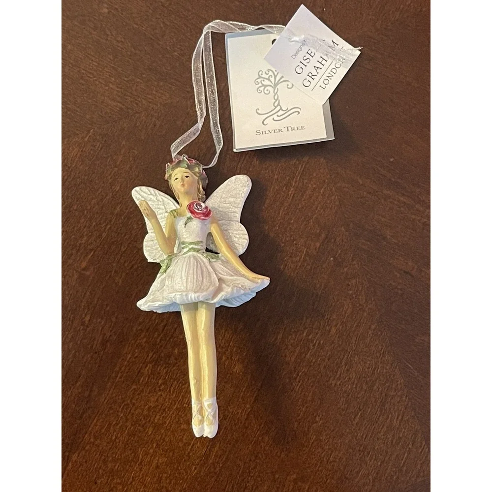 FAIRY BALLERINA w/ WINGS  A D A Rose Christmas ORNAMENT Silver Tree Holiday 4.5